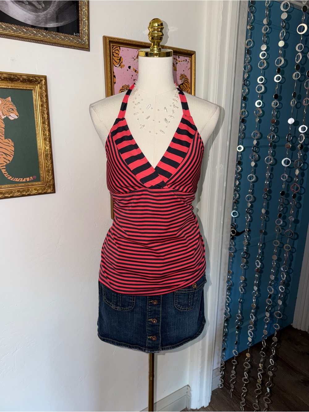 Vintage Y2K Striped Halter Tankini Coral & Black